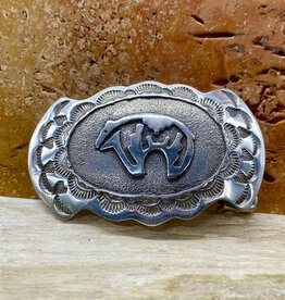 RUNNING BEAR Silver Belt Buckle w/ Zuni Fetish Bear
