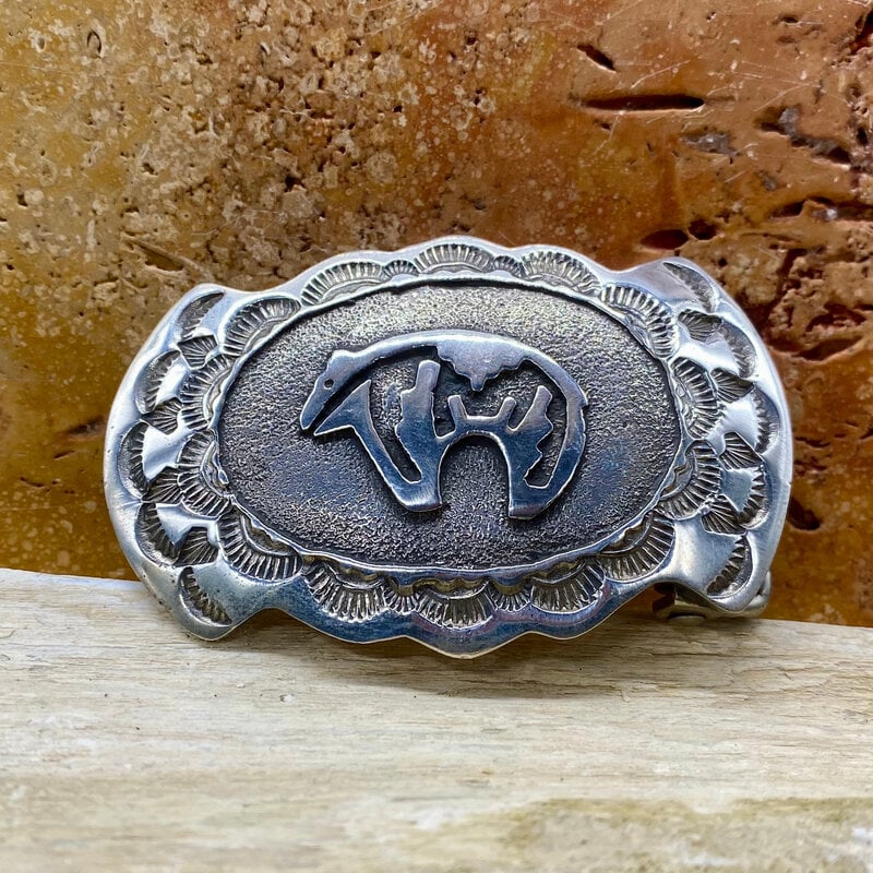 RUNNING BEAR Silver Belt Buckle w/ Zuni Fetish Bear