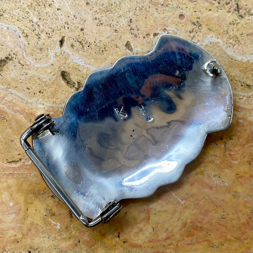 RUNNING BEAR Silver Belt Buckle w/ Zuni Fetish Bear