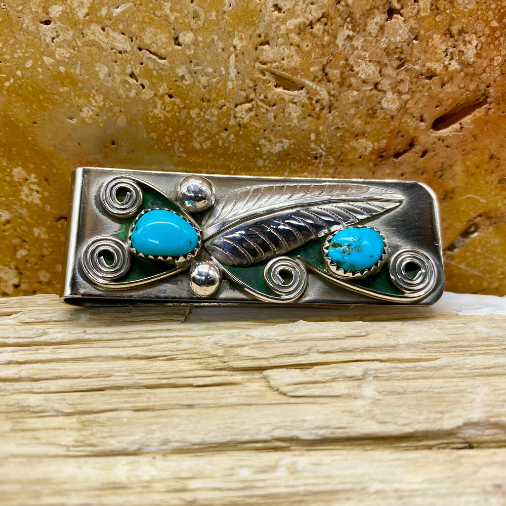 RUNNING BEAR 2-stone Turquoise & Feather Money Clip