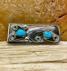 RUNNING BEAR 2-stone Turquoise & Feather Money Clip