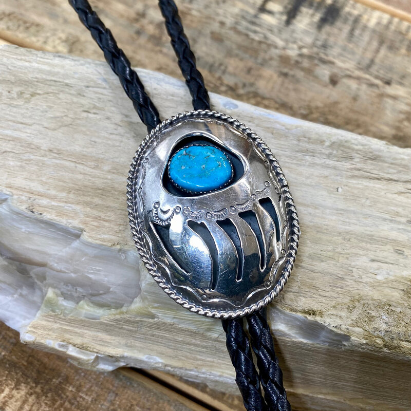Kingman Turquoise Bear Claw Bolo Tie