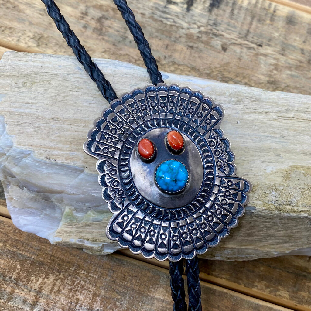 Brushed Silver Bolo w/ Spiny Oyster & Turquoise