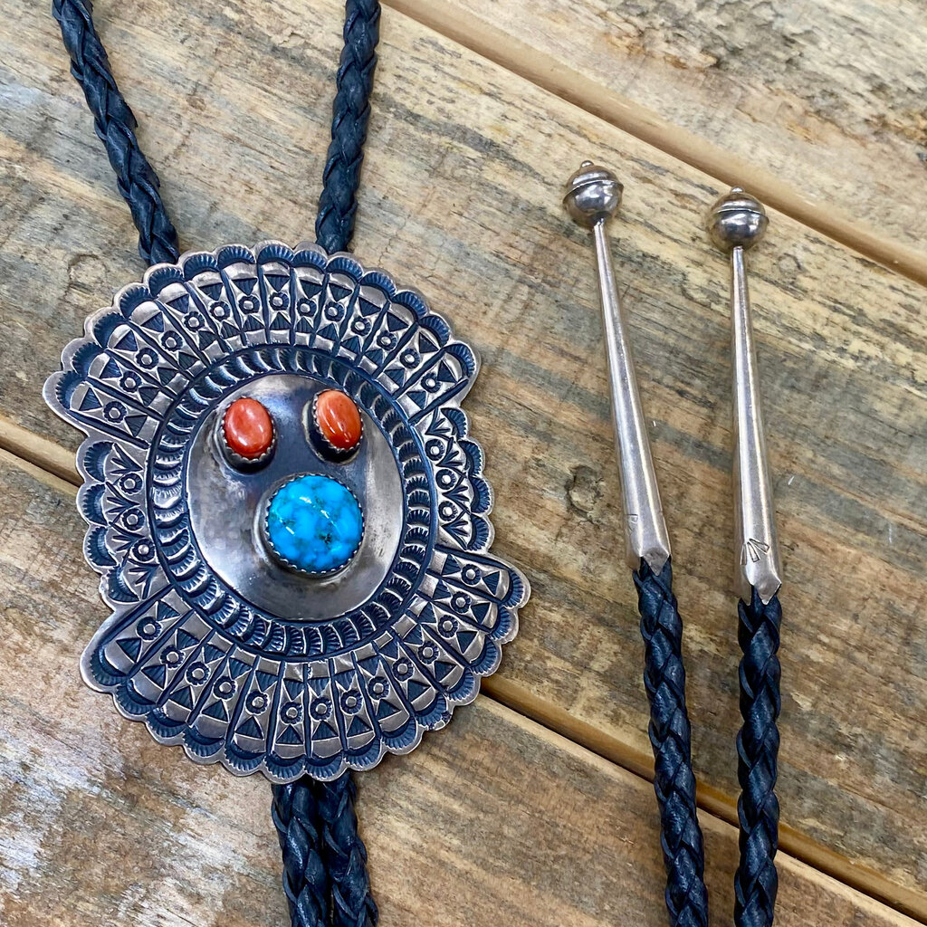 Brushed Silver Bolo w/ Spiny Oyster & Turquoise