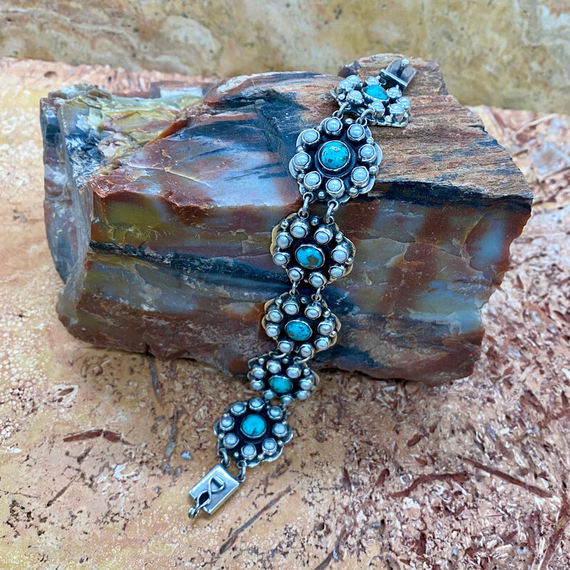 Turquoise & pearl flower link bracelet 7.25"