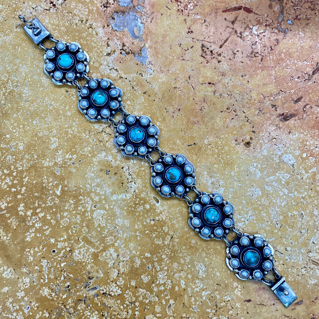 Turquoise & pearl flower link bracelet 7.25"