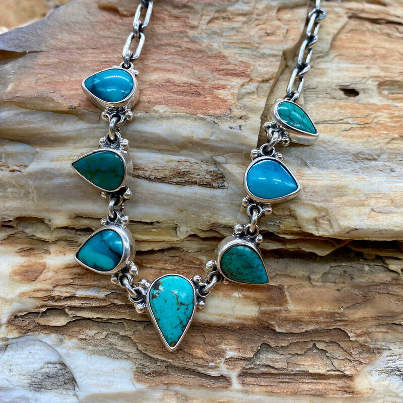 Old man mine, NV turquoise 7-stone teardrop neckalce  18"