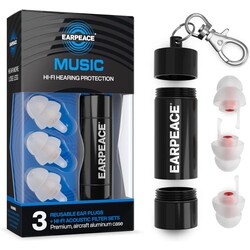 EARPEACE "MUSIC" Hi-Fi Hearing Protection **w/ 3 Reusable Ear Plugs (+bonus set of different plug size) +  3 x Hi-Fi Acoustic Filter Sets + Aircraft Aluminum Case** (BLACK)