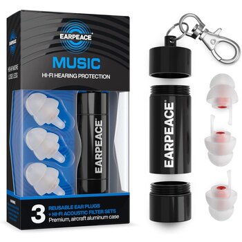 EARPEACE "MUSIC" Hi-Fi Hearing Protection **w/ 3 Reusable Ear Plugs (+bonus set of different plug size) +  3 x Hi-Fi Acoustic Filter Sets + Aircraft Aluminum Case** (BLACK)