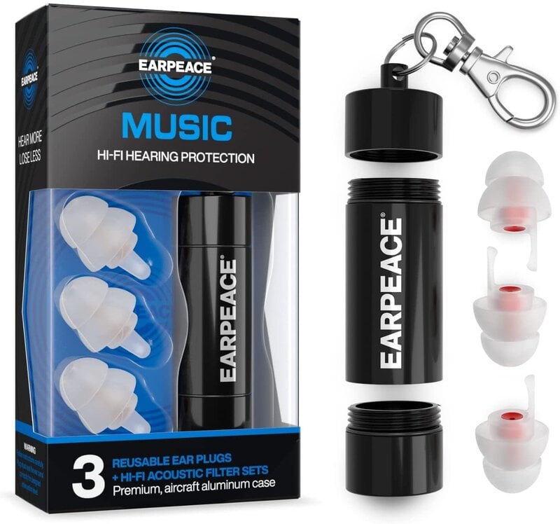 EARPEACE "MUSIC" Hi-Fi Hearing Protection **w/ 3 Reusable Ear Plugs (+bonus set of different plug size) +  3 x Hi-Fi Acoustic Filter Sets + Aircraft Aluminum Case** (BLACK)