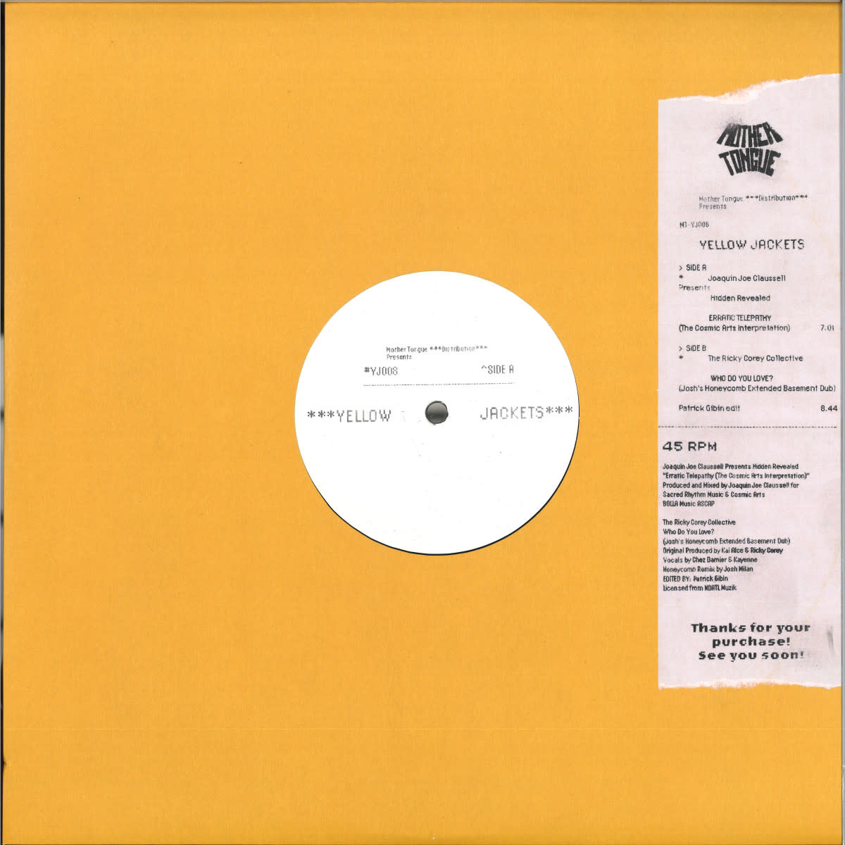 Joaquin Joe Claussell Presents Hidden Revealed / The Ricky Corey Collective – Erratic Telepathy / Who Do You Love? 12" (2024, Yellow Jackets)