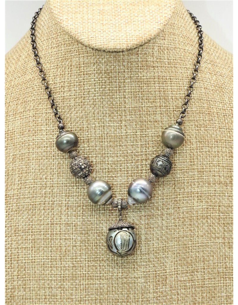 Gildas Gewels Carved Pearls & Diamond Ball, Vntg chian necklace