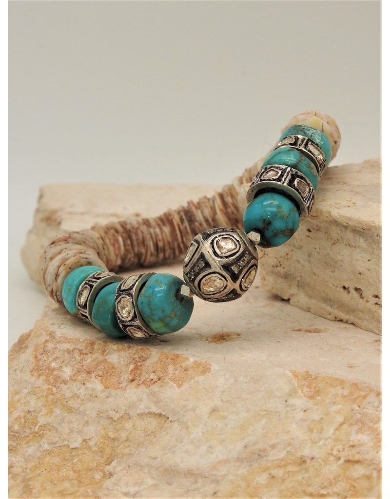Gildas Gewels Turquoise, Diamond Beads & Clam Shell Stretch Bracelet