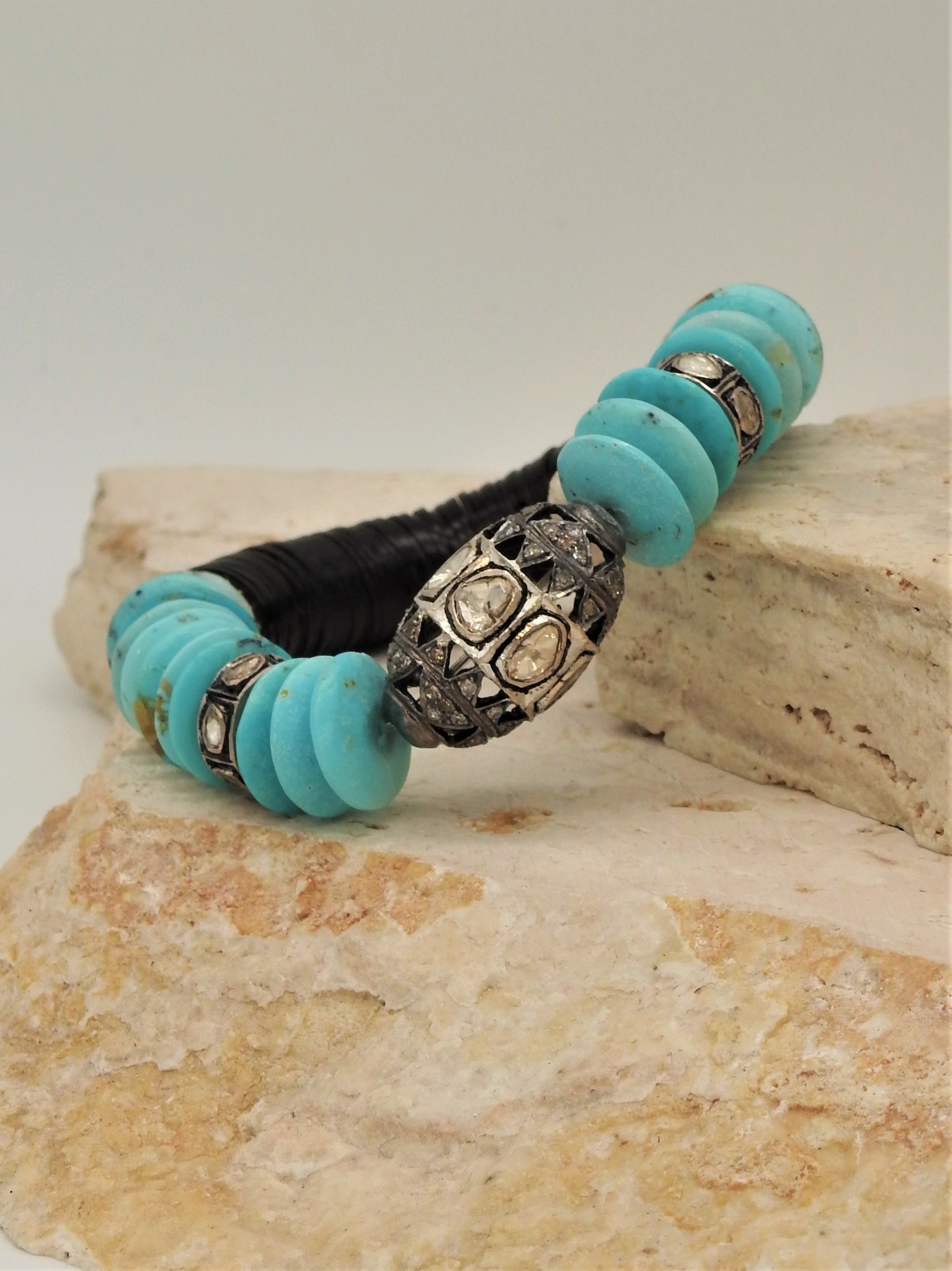 Gildas Gewels Kingman Turquoise & Diamond Beads Stretch Bracelet