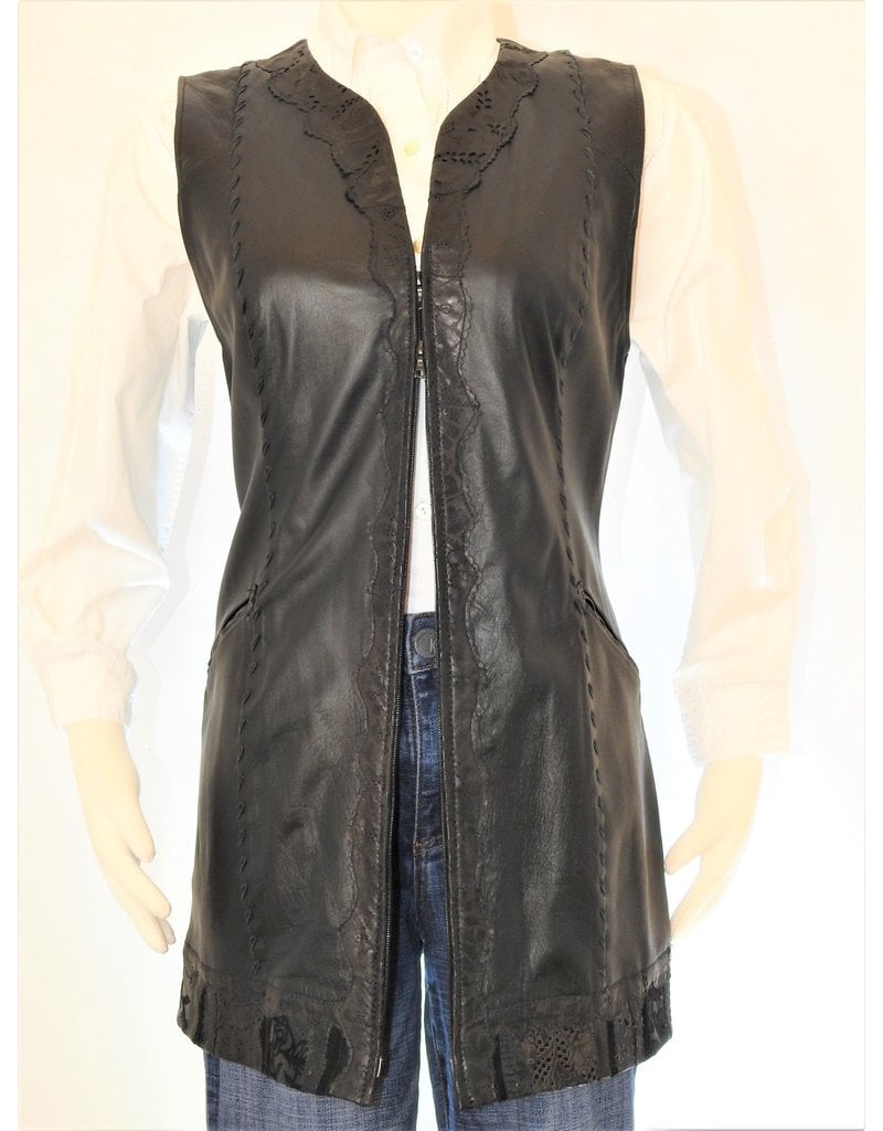 Gossamer Wings Black leather above knee pocket vest Lg