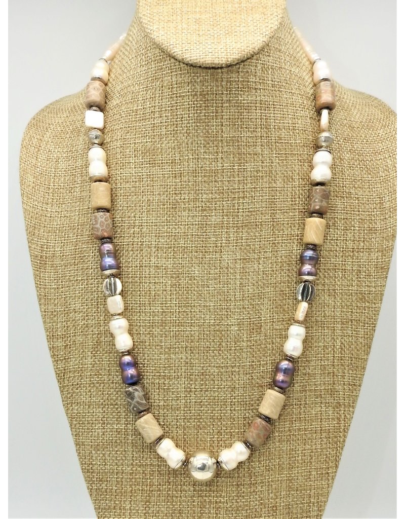 Judy Perlman SS/Fossil Coral & Pearls Necklace