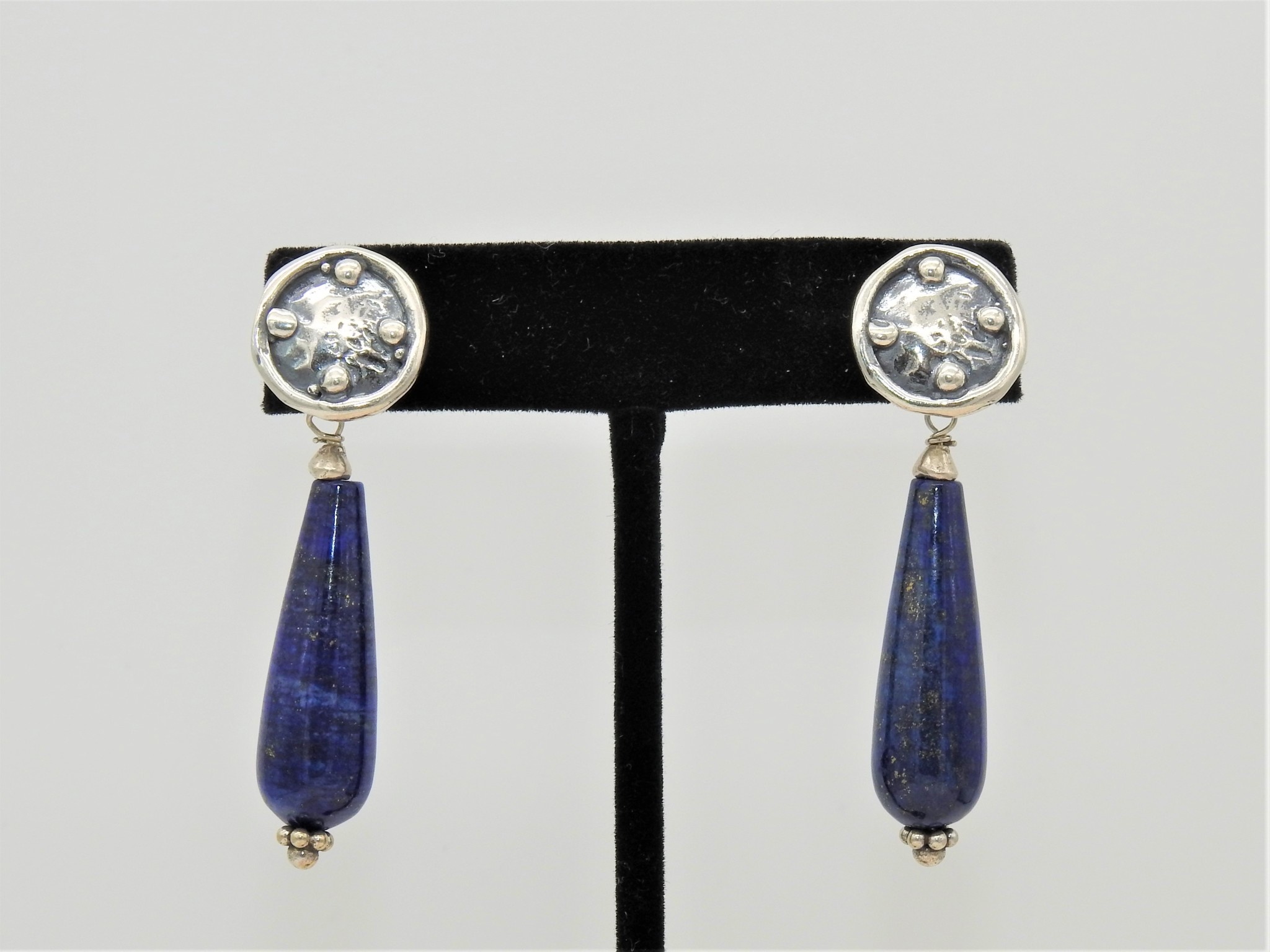 Pam Springall Long Lapis drops on silver post earrings