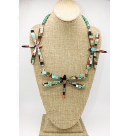 Jolene Bird 3-Inlay Dragonflies, Turq. Bead Necklace by J. Bird