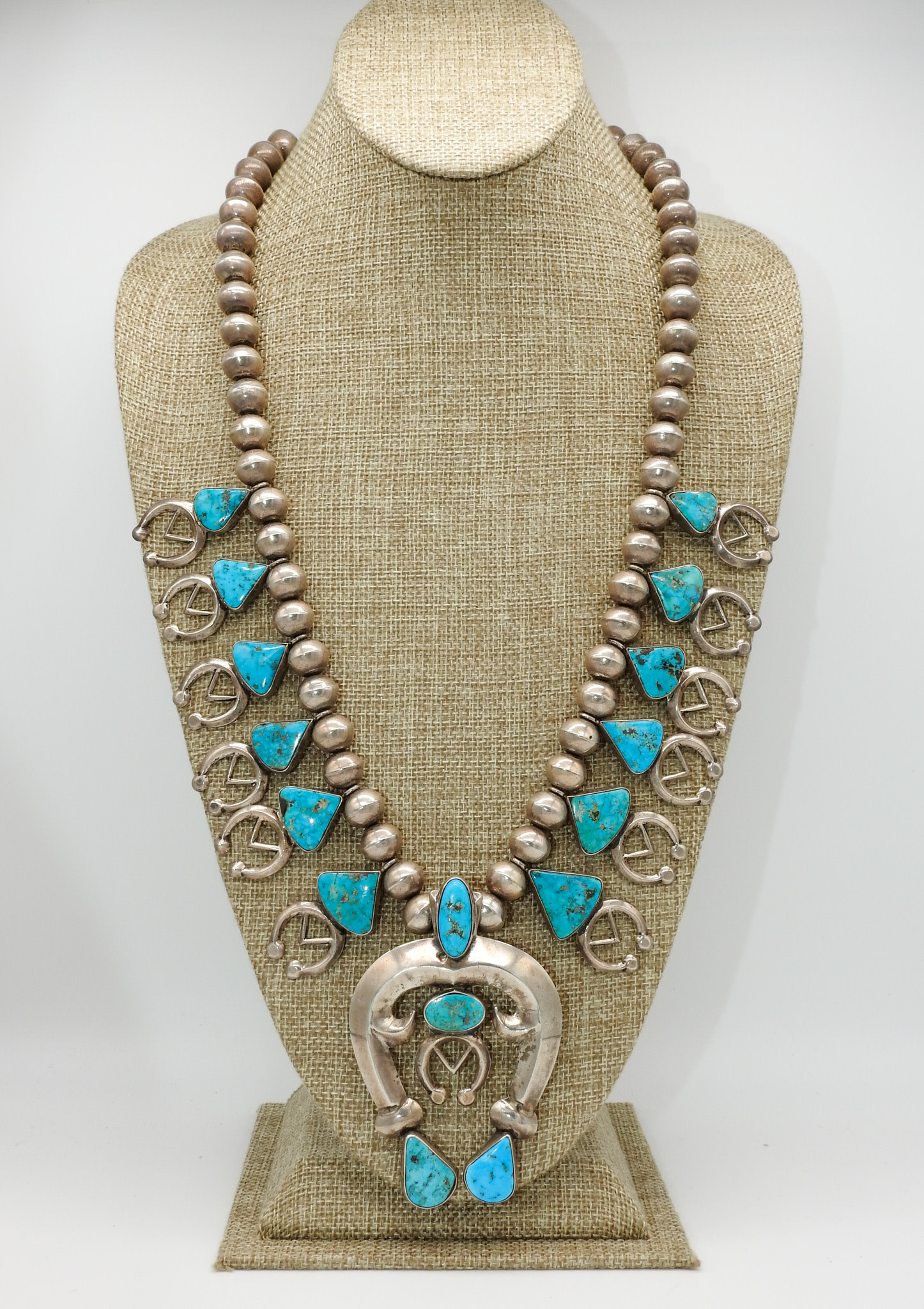 Lucian Koinva Dry Creek Turquoise Squash Blossom Necklace and Earring –  Silver Eagle Gallery