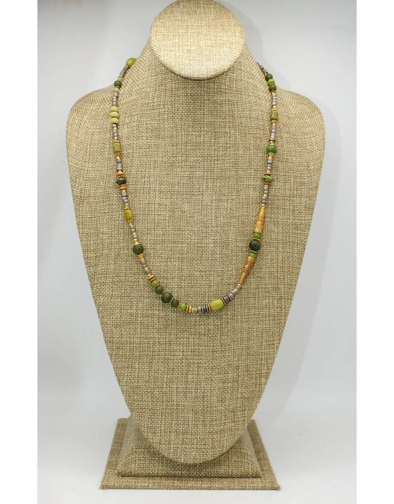 Das DAS-21 Mxd Nephrite Jade, Silver & GV Bead Necklace