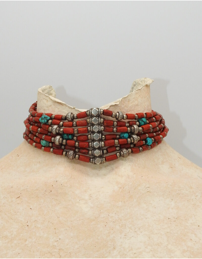 Rox N Stones 7 Strnd. Vintage Coral Bead Choker w/ 4 Stretch Brclts Set