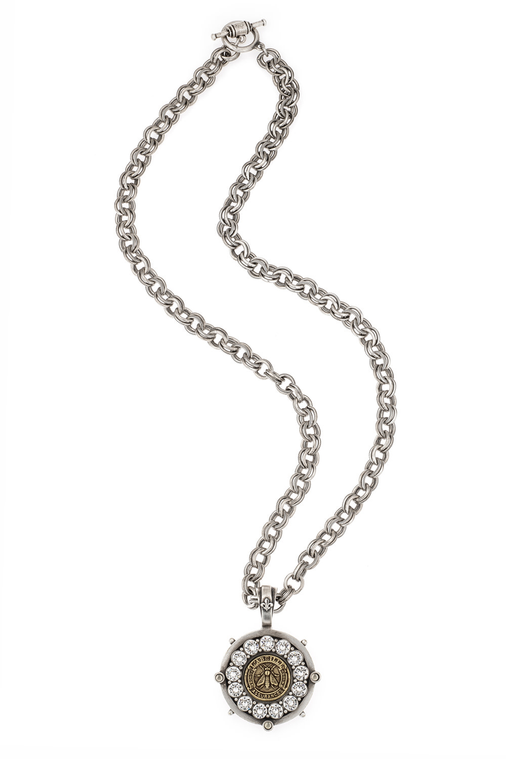 French Kande 28" silver Provance Chain, Astrn Cystal Paris Bzl, Brass mini Abeille