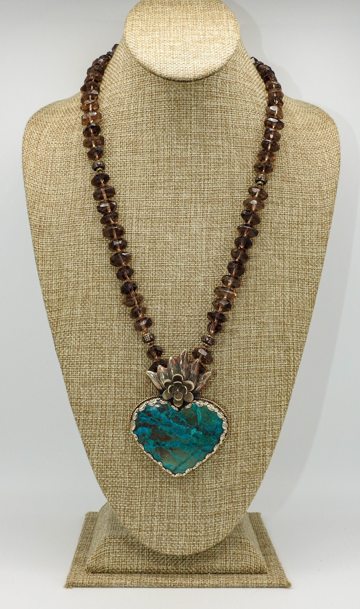 D & M Designs DM060924 Smoky Topaz, CZ Spacers w/ Lg Turq Heart Necklace