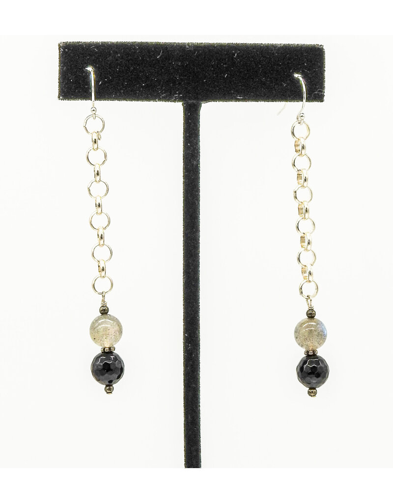 Rox N Stones AG SS, Blk Agate, Moonstone, & Pyrite Earrings