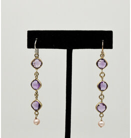 Rox N Stones BR-28 SS, 8ct Ntr'l Faceted Amethyst + Pearl Earrings