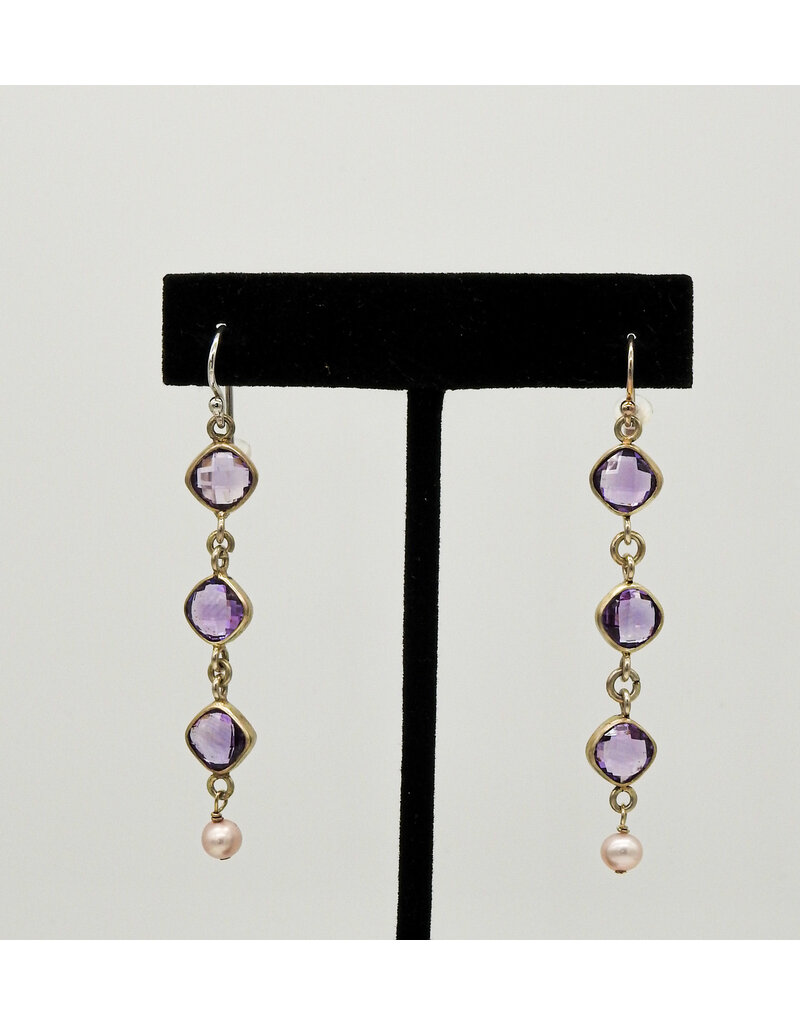 Rox N Stones BR-28 SS, 8ct Ntr'l Faceted Amethyst + Pearl Earrings