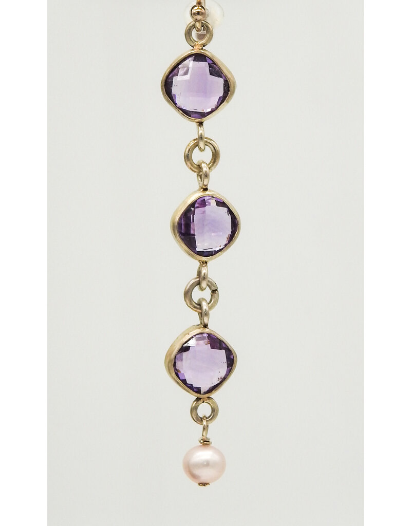 Rox N Stones BR-28 SS, 8ct Ntr'l Faceted Amethyst + Pearl Earrings