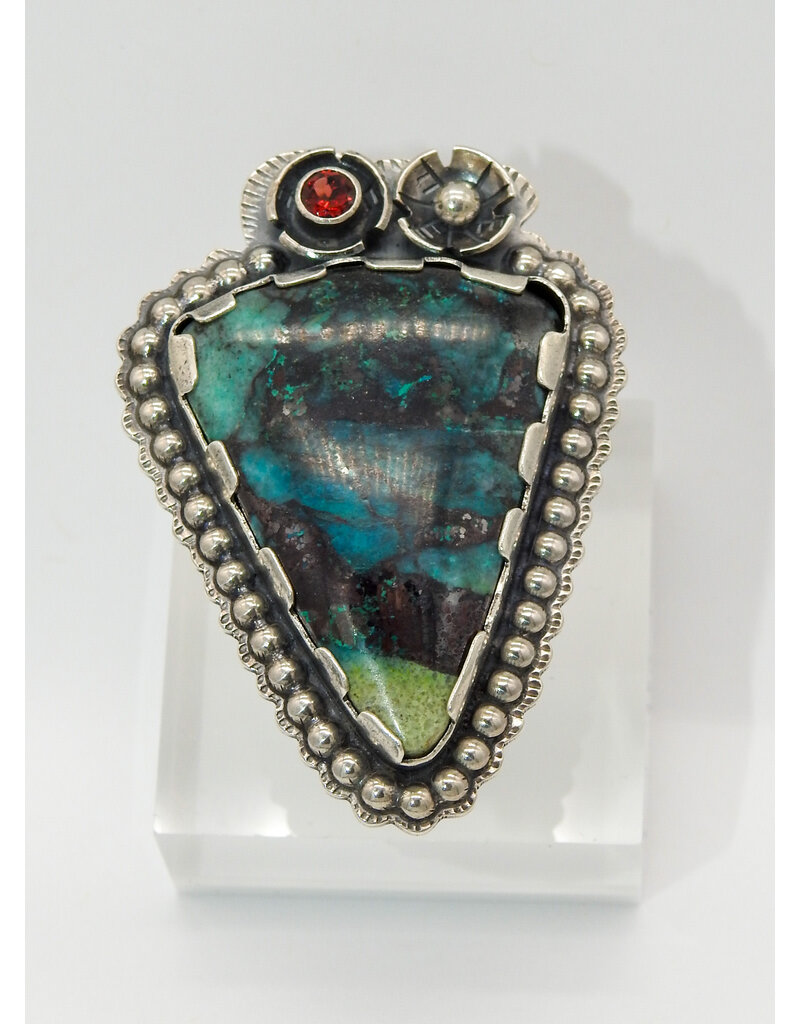 Denise Lee Robertson DLR - Triangular Chrysocolla, Fctd. Garnet Ring 7.5
