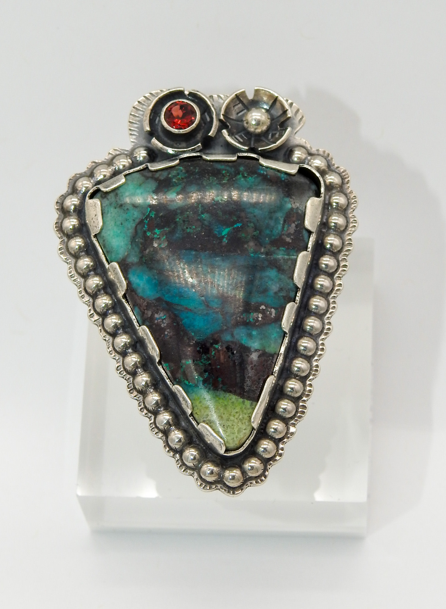 Denise Lee Robertson DLR - Triangular Chrysocolla, Fctd. Garnet Ring 7.5