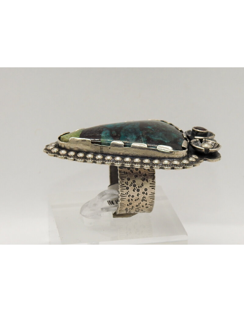 Denise Lee Robertson DLR - Triangular Chrysocolla, Fctd. Garnet Ring 7.5