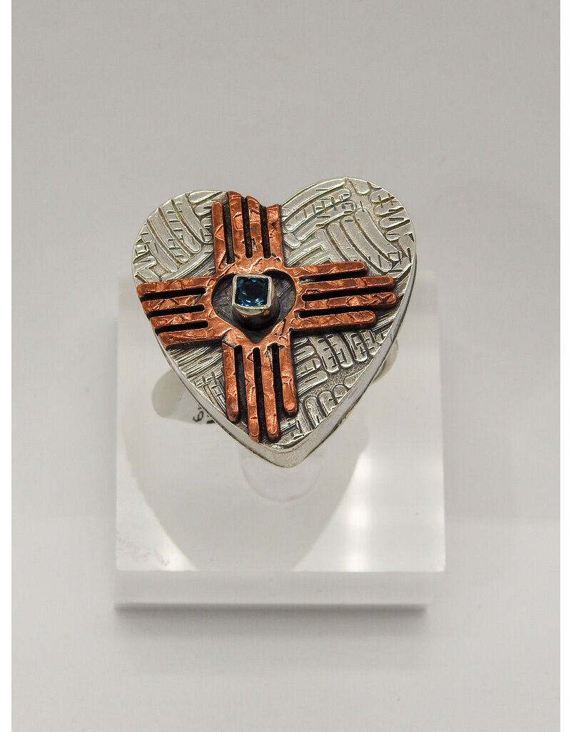Denise Lee Robertson DLR - SS Heart w/ Copper Zia, Blue Topaz Ring 8