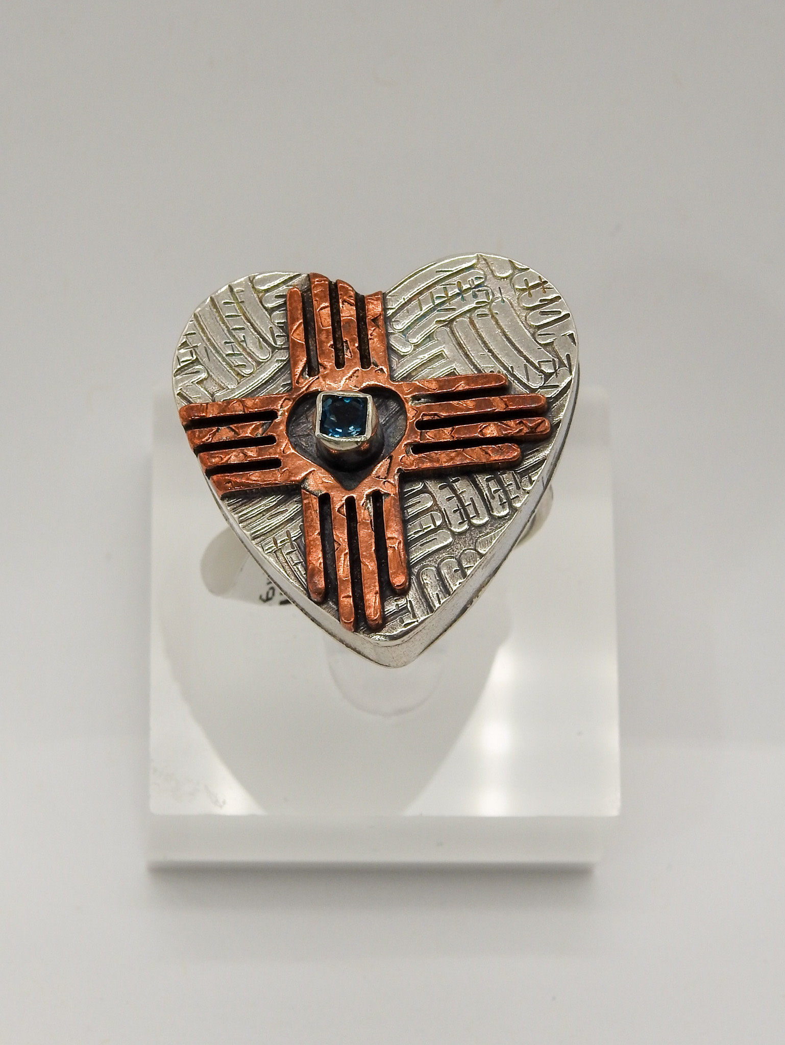 Denise Lee Robertson DLR - SS Heart w/ Copper Zia, Blue Topaz Ring 8