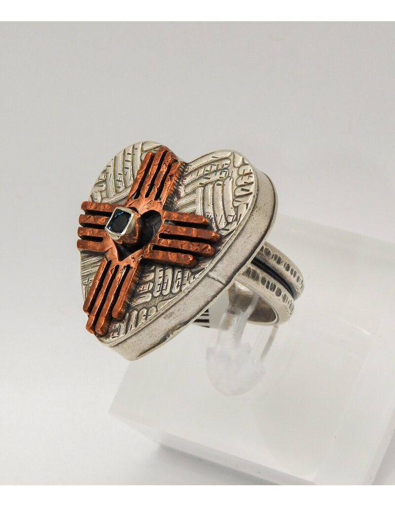 Denise Lee Robertson DLR - SS Heart w/ Copper Zia, Blue Topaz Ring 8
