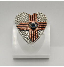 Denise Lee Robertson DLR - SS Heart w/ Copper Zia, Blue Topaz Ring 7.5