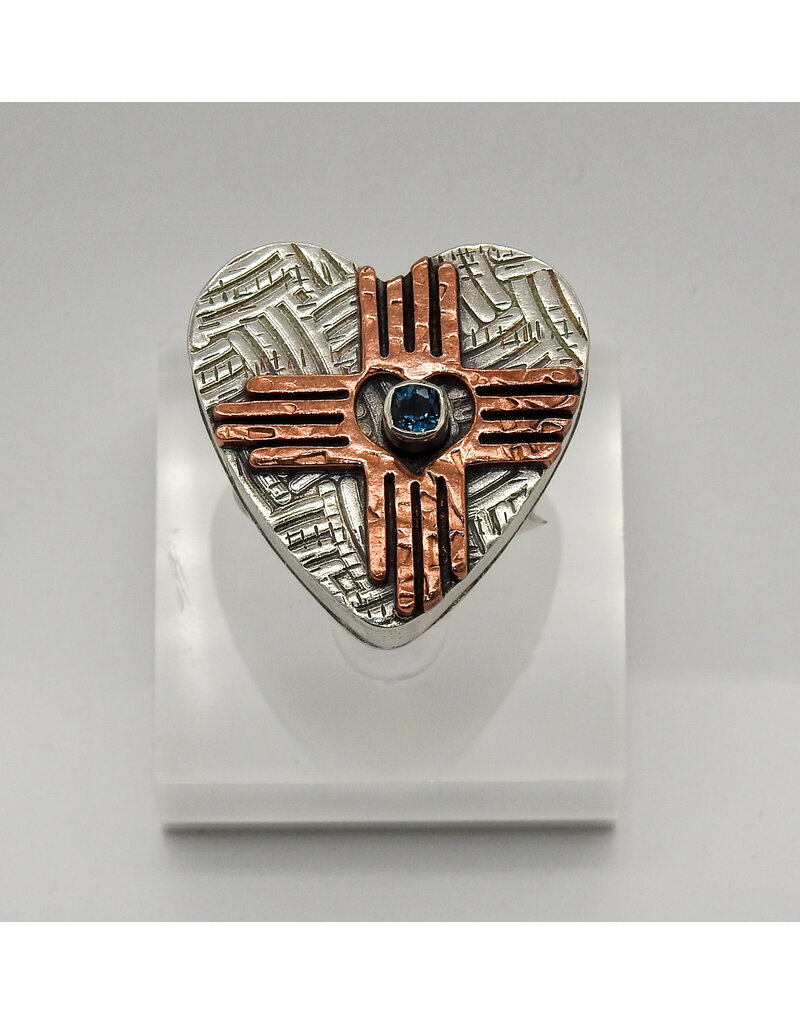 Denise Lee Robertson DLR - SS Heart w/ Copper Zia, Blue Topaz Ring 7.5