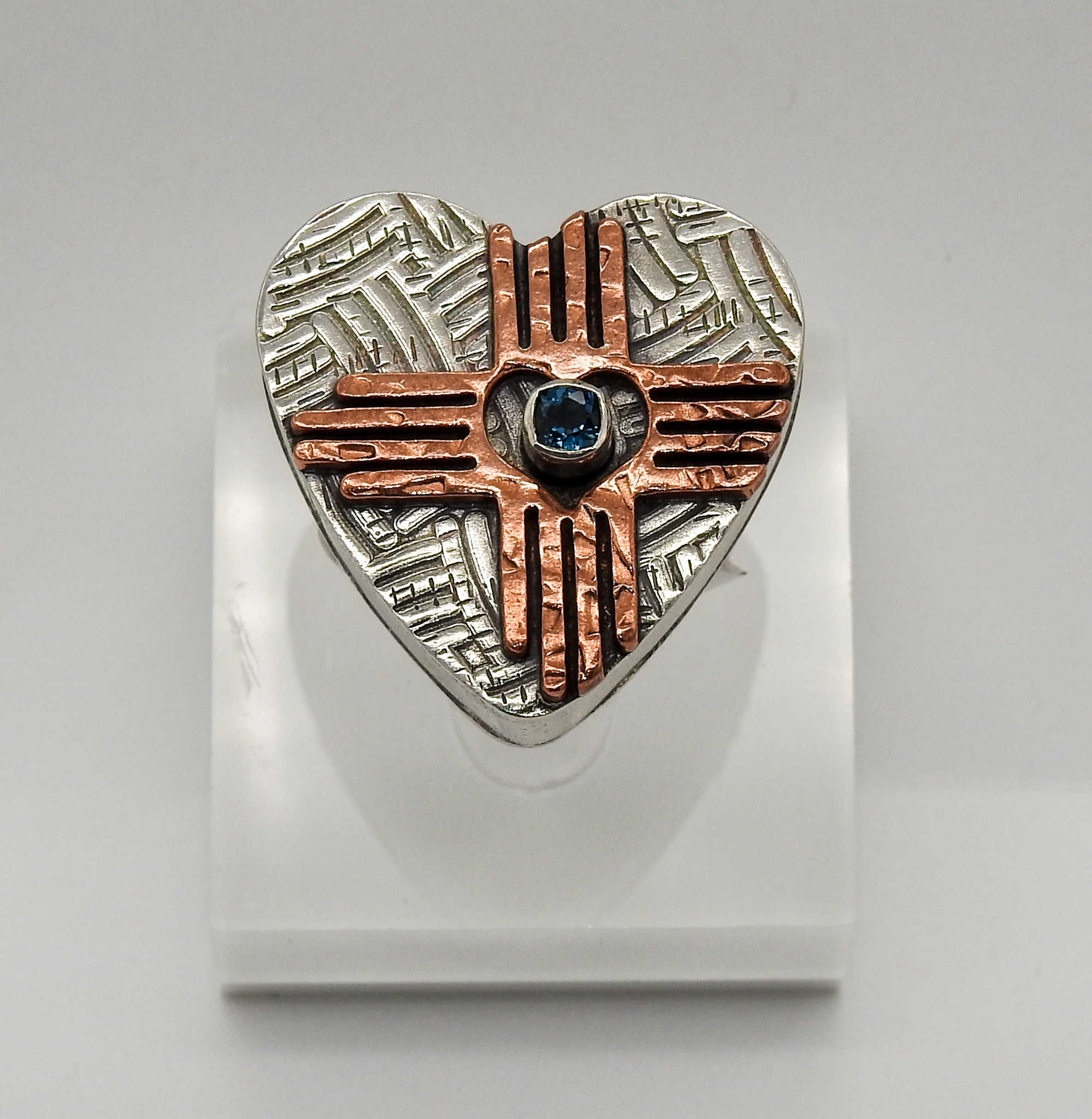 Denise Lee Robertson DLR - SS Heart w/ Copper Zia, Blue Topaz Ring 7.5