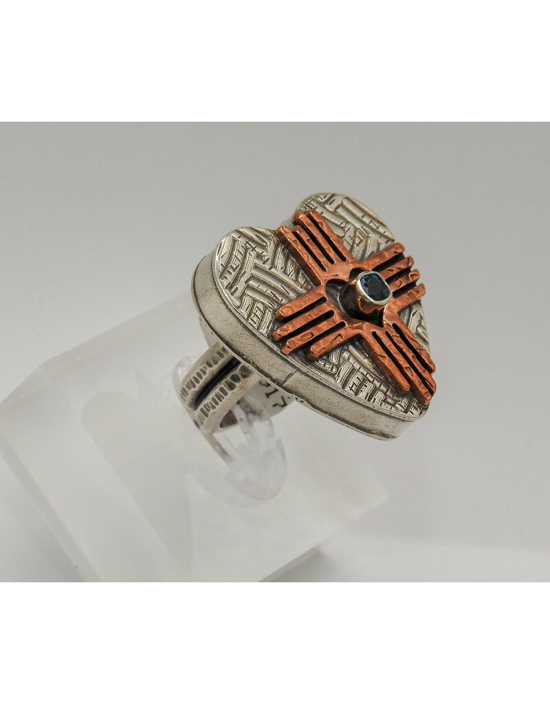 Denise Lee Robertson DLR - SS Heart w/ Copper Zia, Blue Topaz Ring 7.5