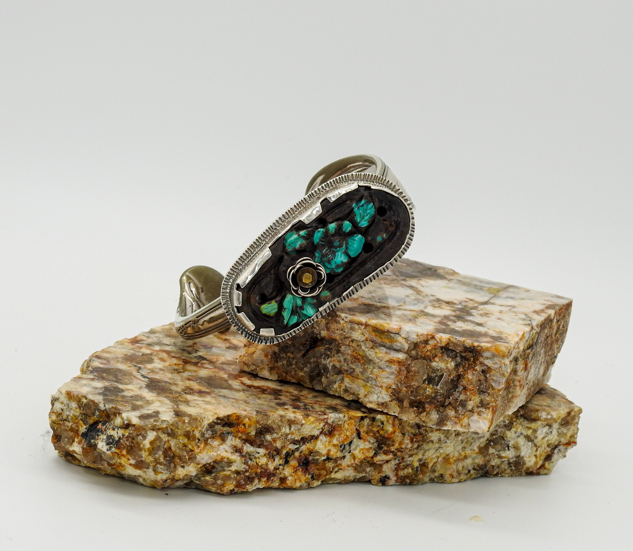 Denise Lee Robertson DLR9 Carved Turquoise w/ SP Spoon Bracelet