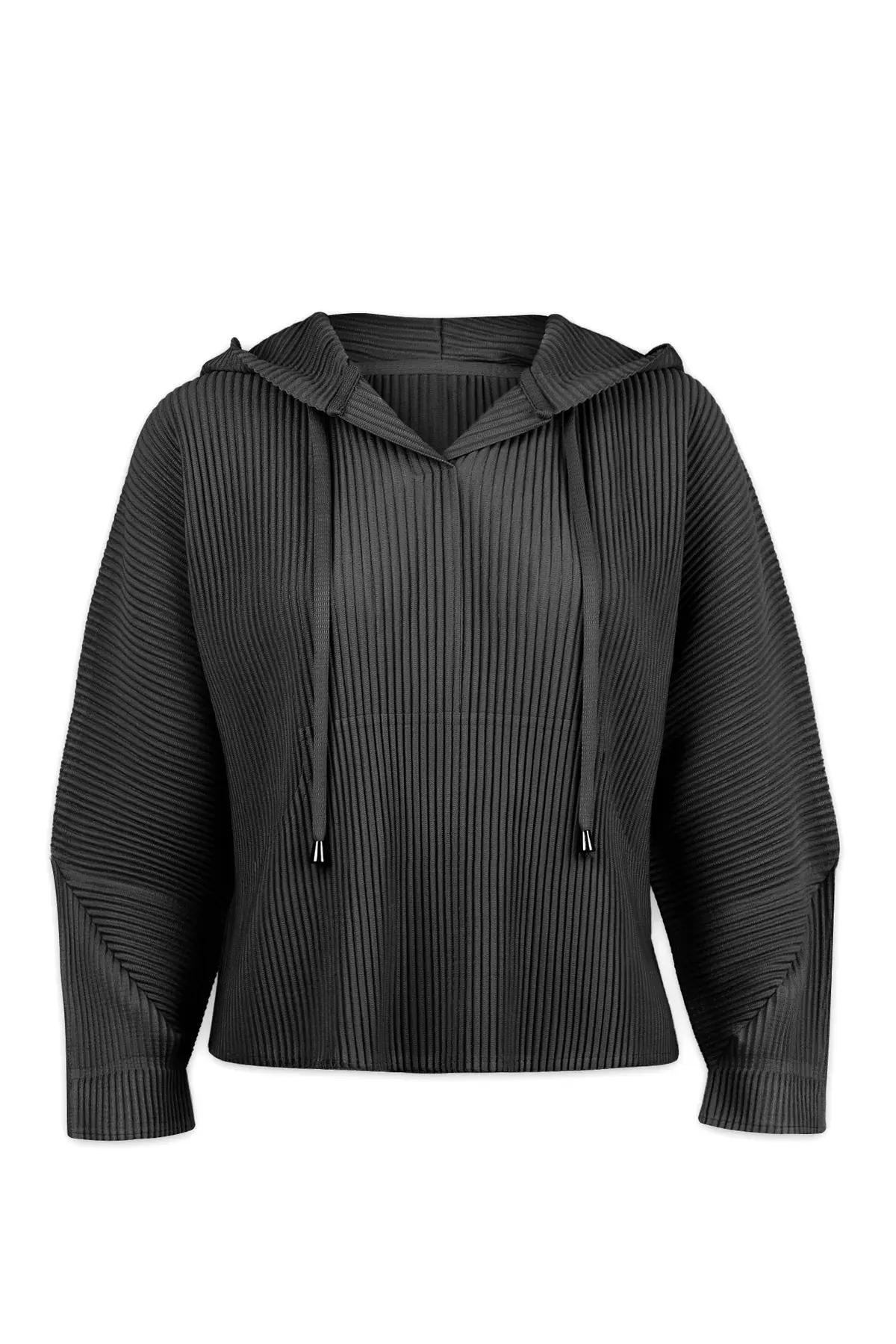 Wild Cosmos Vivian Hooded Double Knit Plisse' Pull Over Blk OS