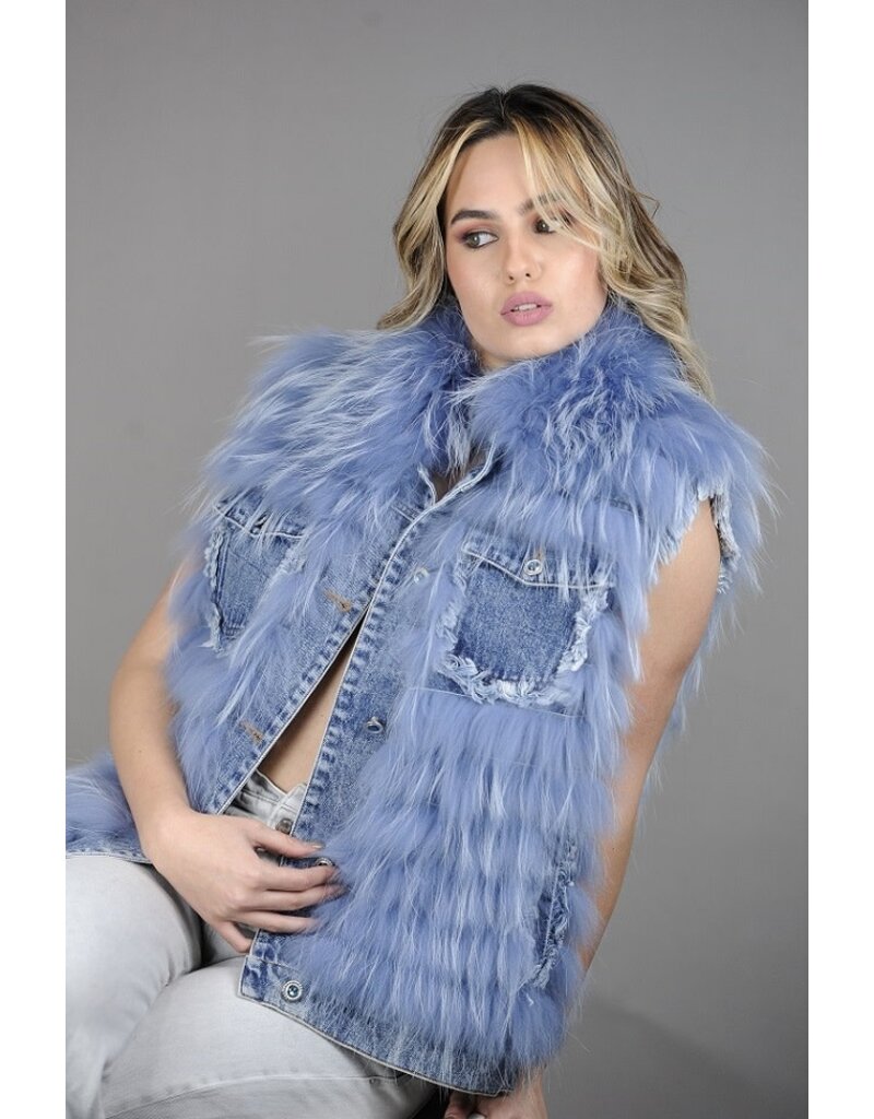 Frisson Luxury Outerwear Raccoon Fur and Denim Vest