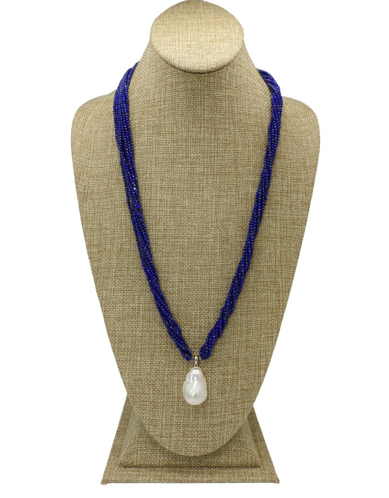 D & M Designs DM063524 Multi Strand Tiny Lapis, Baroque Pearl Dandle Necklace