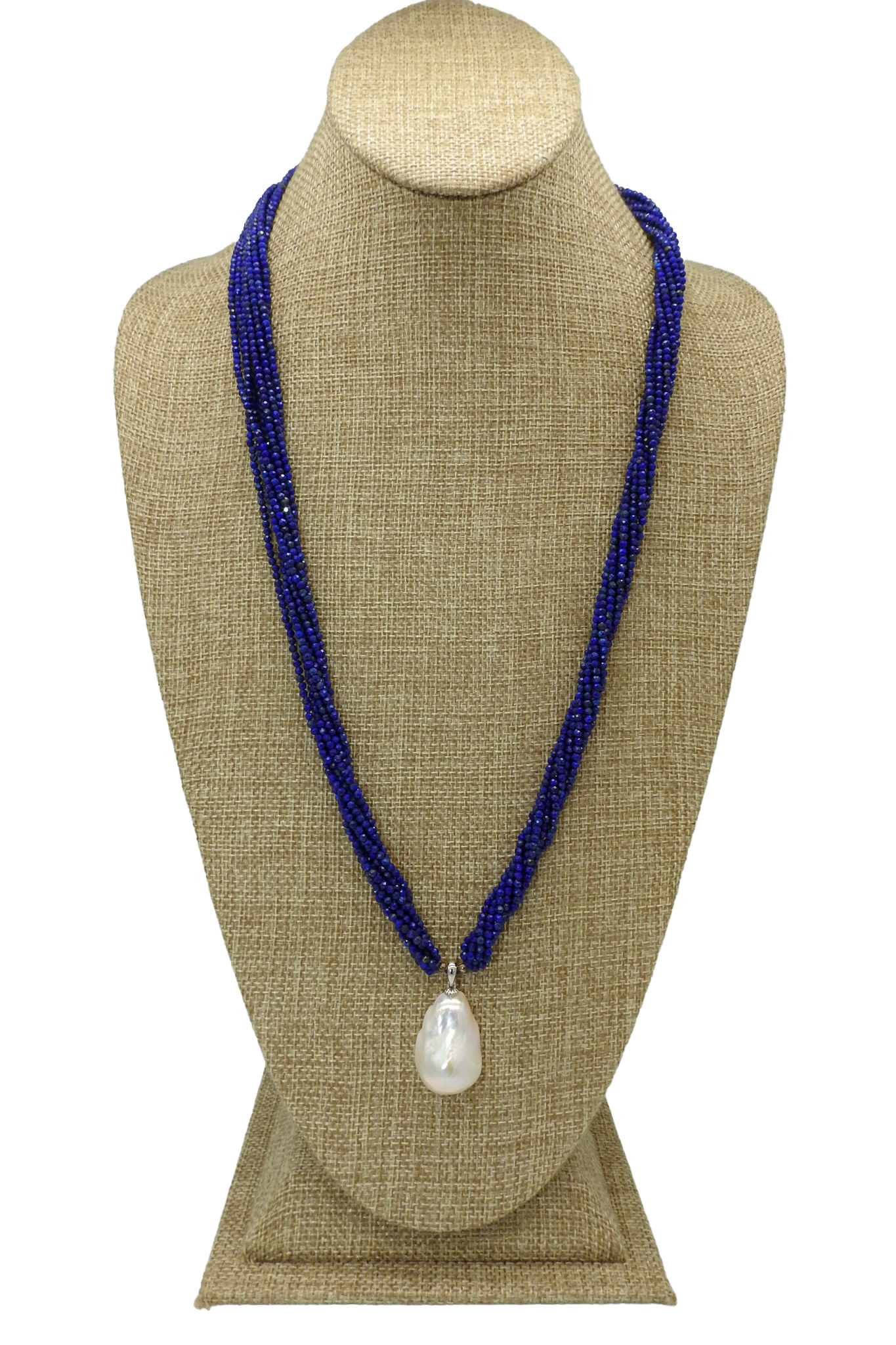 D & M Designs DM063524 Multi Strand Tiny Lapis, Baroque Pearl Dandle Necklace