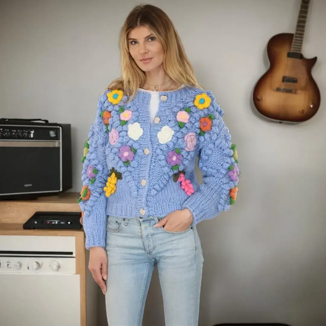 Metric L/S Cardigan w/ Popcorn Stitch Pattern