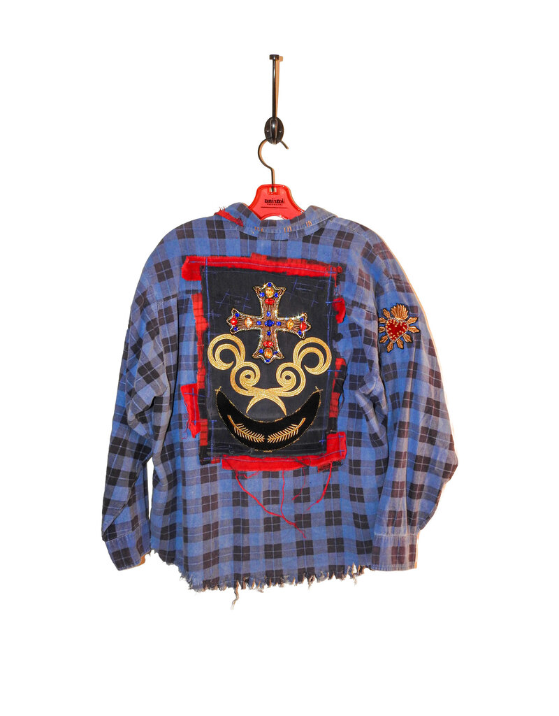 Origami Crane Clothing OC Blue Long Flannel w/Cross M/L T-405