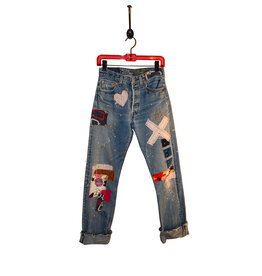 Origami Crane Clothing OC Levi 501"s w/ Patches & Stitches in Pinks 29"W B-570