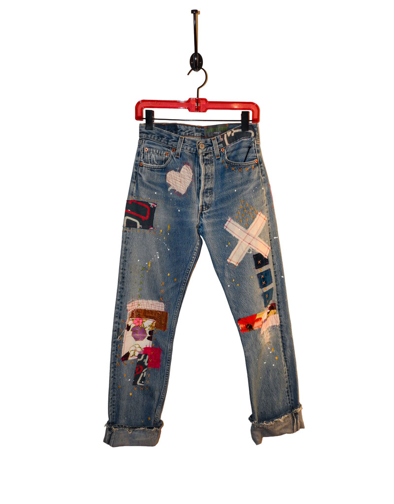 Origami Crane Clothing OC Levi 501"s w/ Patches & Stitches in Pinks 29"W B-570